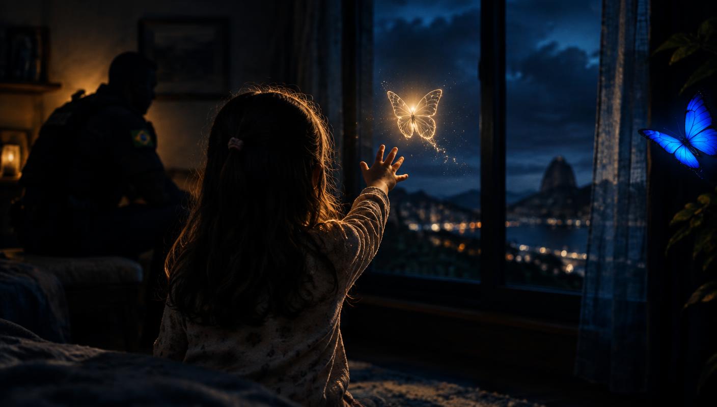 Menina alcançando uma borboleta de luz