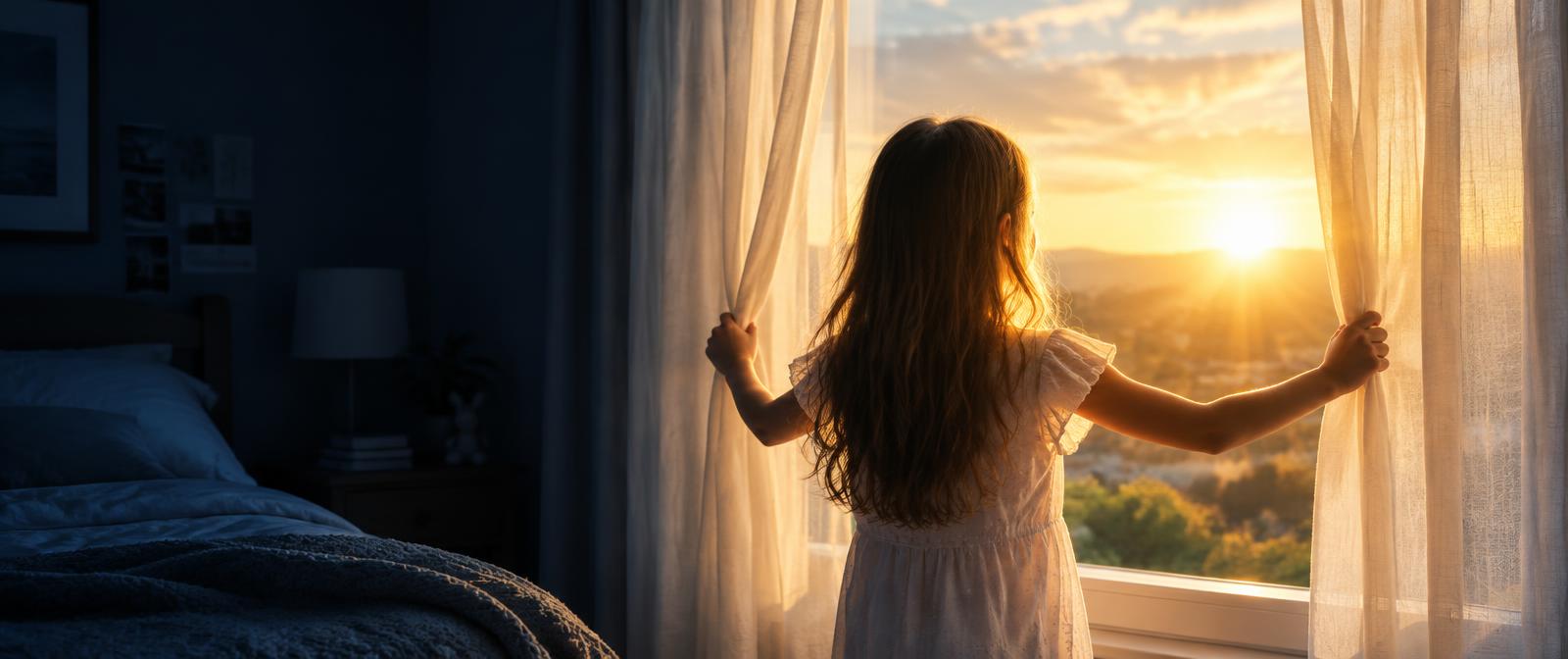 Menina abrindo as cortinas para um novo amanhecer