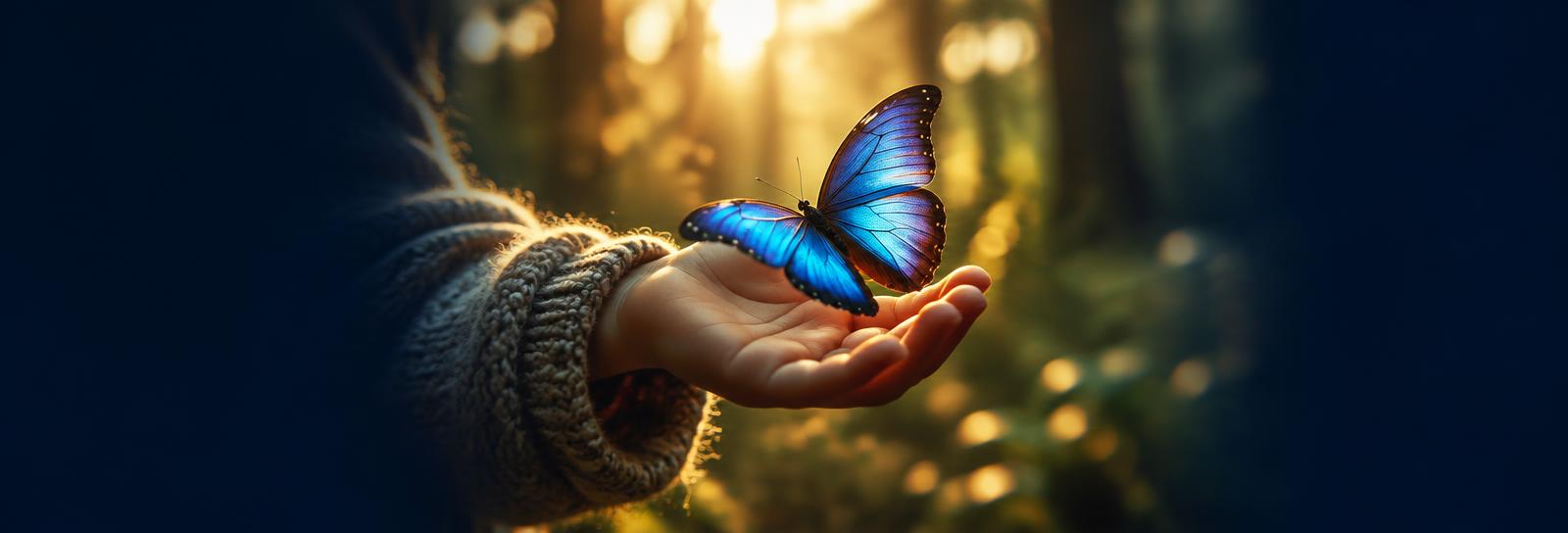 Borboleta azul pousada na mão de uma criança