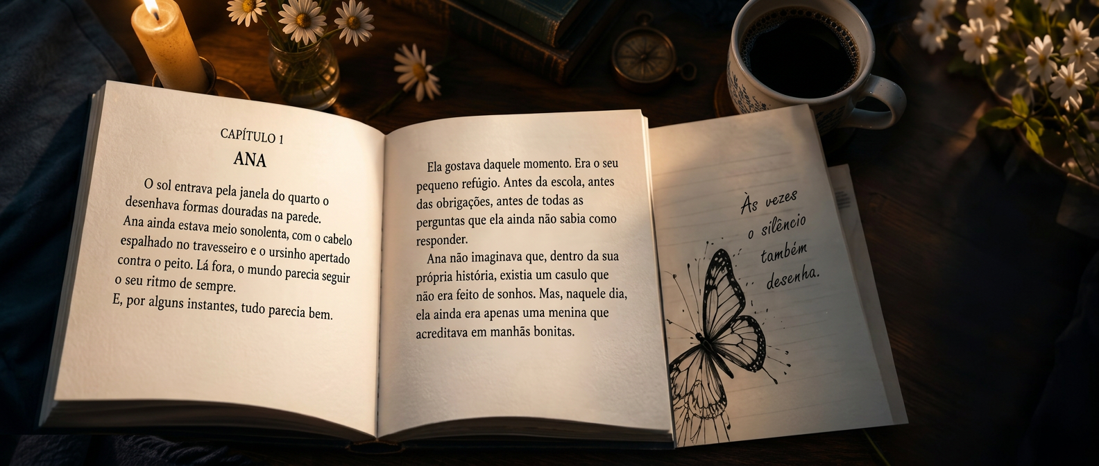 Livro aberto sobre uma mesa com café e flores